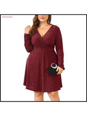 Plus Size Glitter Wrap V Neck A Line Mini Party Dress Long Sleeve